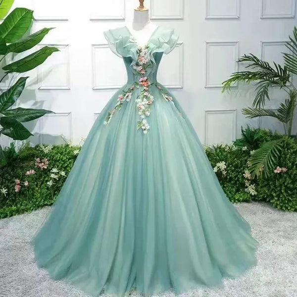 V-neck Flying Sleeve Applique Temperament Wedding Party Dresses Slim Waist Elegant Prom Vestidos Mesh Design Evening Dress