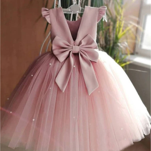 Elegant Temperament Simple Girls Birthday Gowns V-back Pearls Junior Bridesmaid Dresses Princess Bow Ball Gown Flower Girl Dress