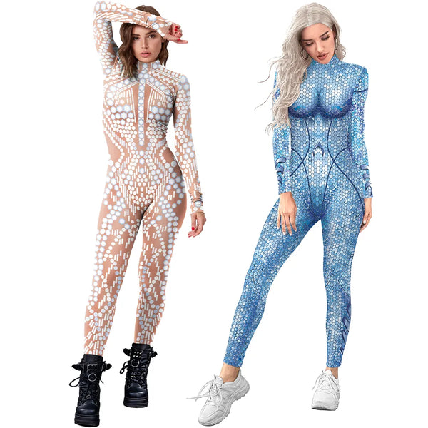 Sexy Mermaid Sequins 3D Print Halloween Costume For Women Bodysuits Long Sleeve Cosplay Party Tight Jumpsuits