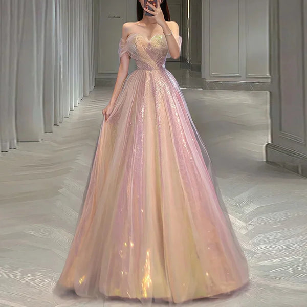 Bling Pink Elegant Sweet Evening Dresses 2024 Summer Boat Neck Slim Waist Mesh Design Tiered Prom Vestidos Wedding Party Dress