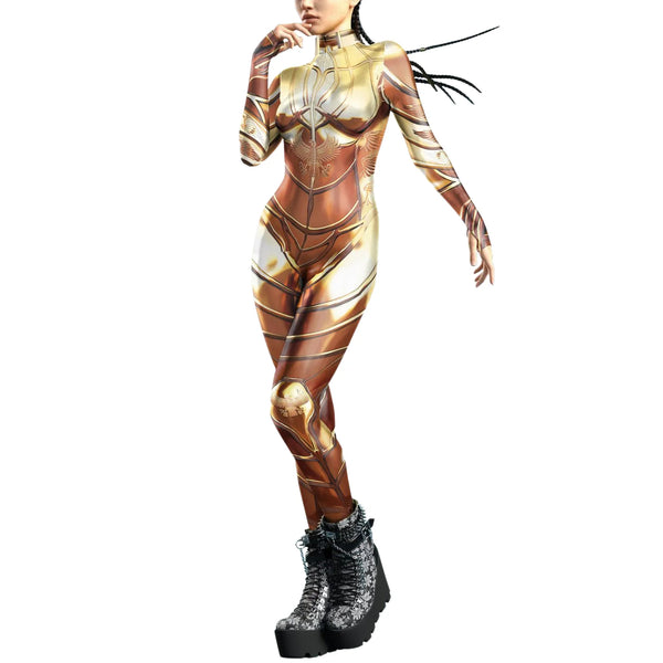New Woman Jumpsuit Punk Cosplay Costume Gold Egyptian Pharaoh Sexy Front Zipper Zentai Bodysuits Halloween Party Outfit