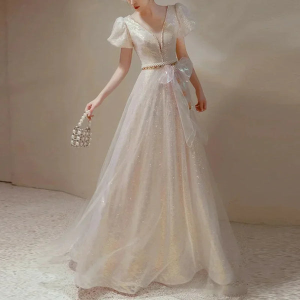 Deep V-neck Elegant Puff Sleeve Evening Party Dresses V-back Slim Waist  Prom Vestidos Sequined Mash Design Wedding Party Dress
