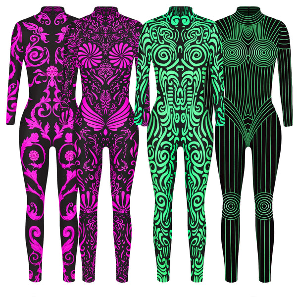 Women Rave Cosplay Costume Green Pink Geometry Print Jumpsuits Ladies Halloween Party Holiday Zentai Bodysuit Outfit