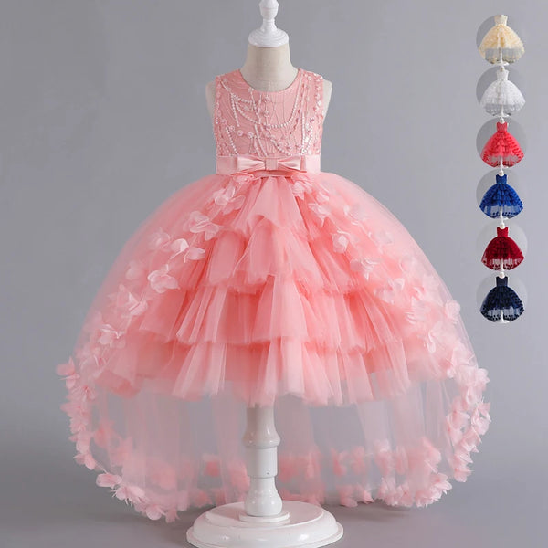 Girls' Formal Evening Trailing Dress Sleeveless Princess Fluffy Cake Dinner Performance Dance