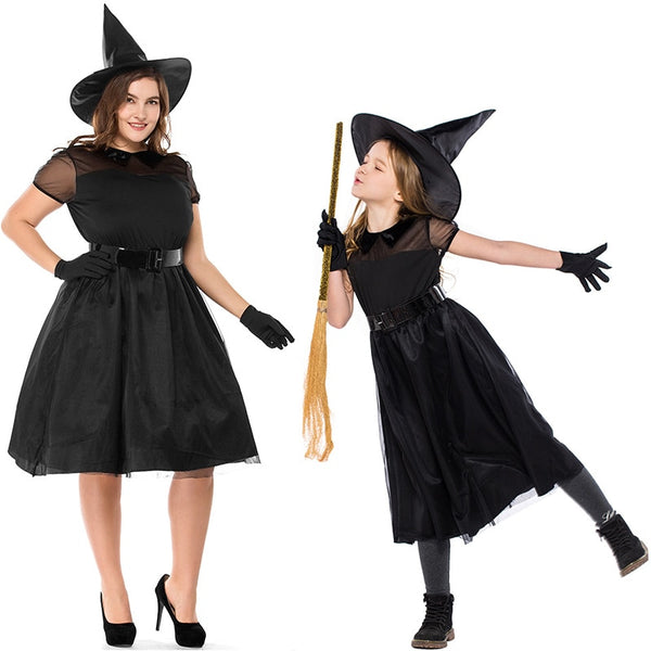 Adult Women Mother Kids Girls Gothic Halloween Morticia Addams Ghost Witch Costume Horror Black Floor Yarn Dress Gown + Hat