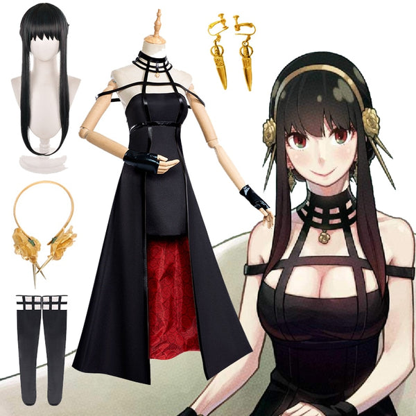 Anime Spy Family Yor Forger Cosplay Killer Assassin Gothic Halter Black Dress Outfit Uniform Costume with Leather