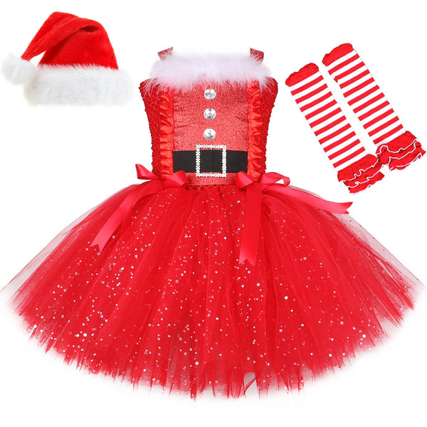 2022 New Christmas Santa Claus Costume for Girls Sparkly Red Xmas Clothes Glittery Toddler Baby Kids Christmas Tutu Dress Outfit