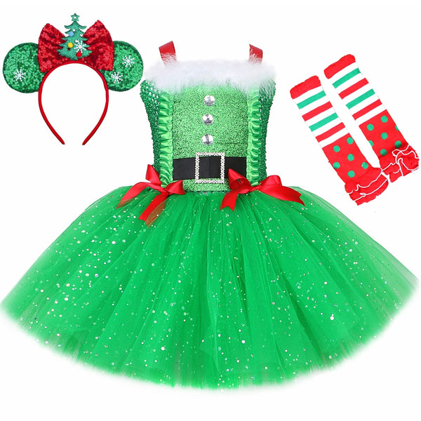 Sparkly Girls Christmas Tree Costume Tutu Dress Toddler Baby Kids Xmas Outfit Glittery Green Elf Children Christmas Clothes Set
