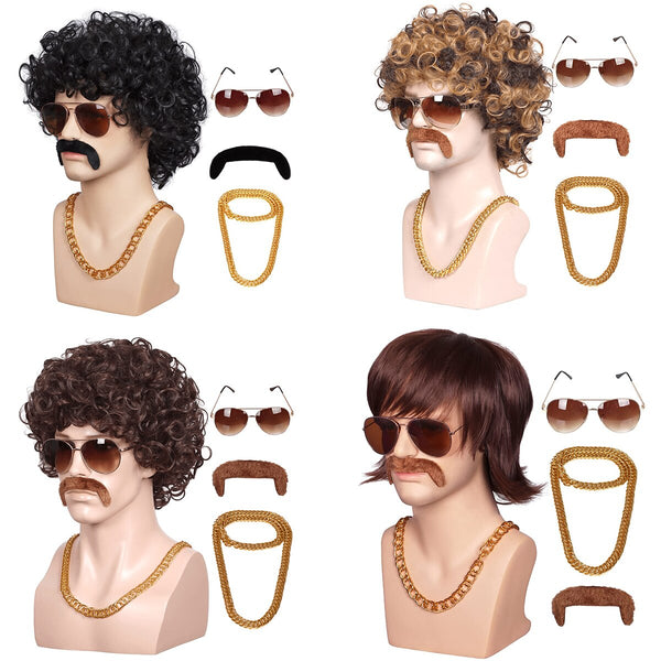 70'S Disco Party Halloween Costumes Rocking Cosplay Wig Short Curly Synthetic Hair Wigs with Moustache Glasses Necklace