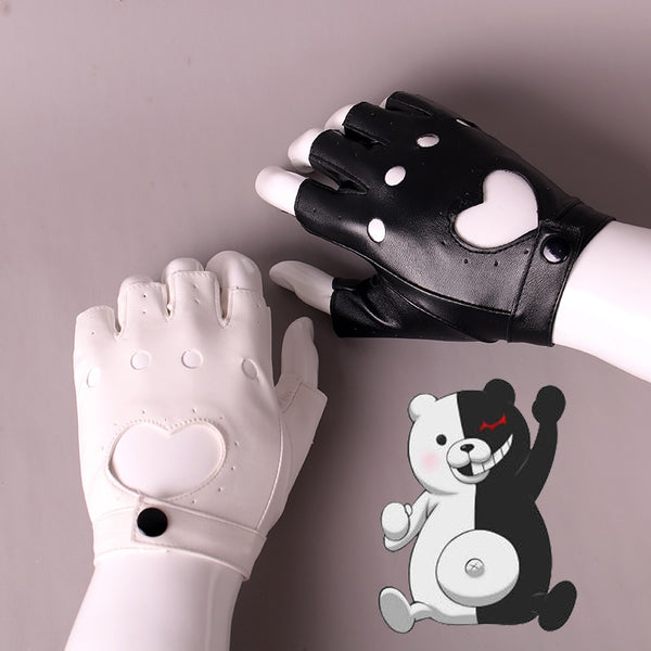 Anime Danganronpa Monokuma Fingerless Glove Black White Half Finger Leather Gloves Cosplay Accessories