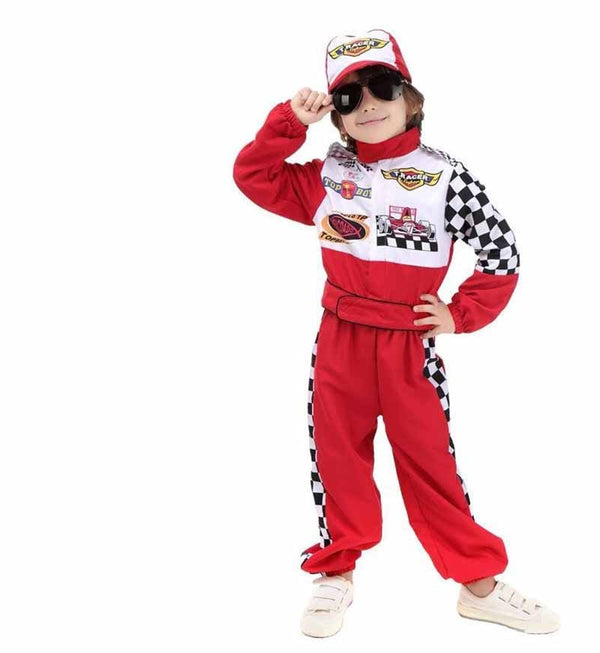 Kids Boys Halloween Racer Cosplay Red Race Car Driver Uniform Children`s Racing Driver Costume Fancy Dress Masquerade Costume