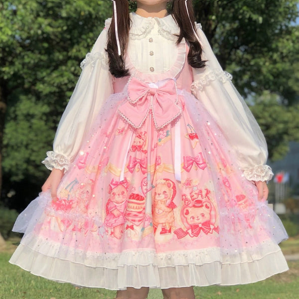 Sweet princess lolita dress  bear strawberry cake print jsk suspender dress vintage Kawaii victorian dress gothic lolita loli