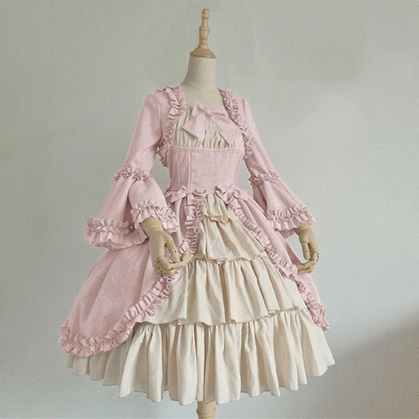 Wepbel Vintage Gothic Court Dress Bow Lolita Dresses Medieval Square Collar Waist Hugging Stitching Plus Size Ruffle Dress