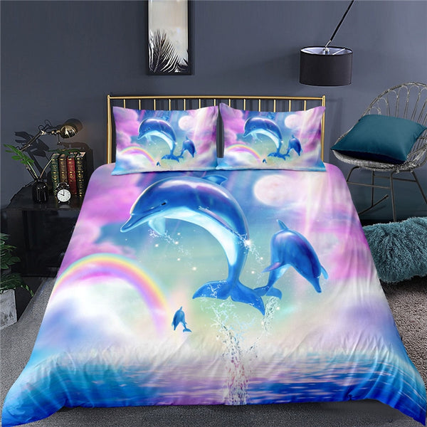 Luxury 3D Color Dolphin Print Home Living Comfortable Duvet Cover Pillowcase Kids Bedding Set Queen and King EU/US/AU/UK Size