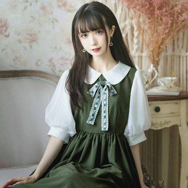 Kawaii Lolita Dress Green Gable Anne Op 2021 Summer New College Cute Maid Loli Bubble Japanese Dress Renaissance Vestidos