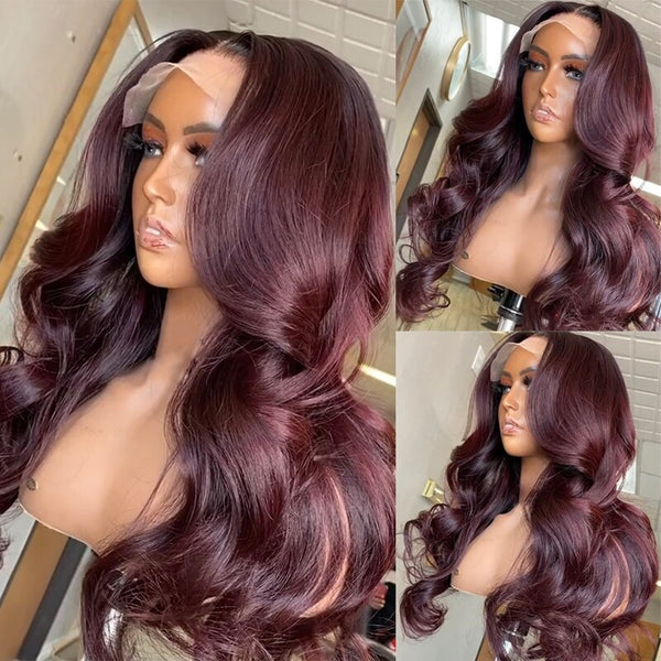 Burgundy Lace Front Human Hair Wig 99J Lace Front Wig Wavy Brazilian Remy Closure Wig Dark Red Color Pre Plucked T Part Lace Wig