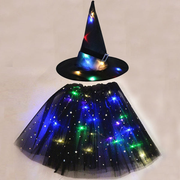 Luminous LED Glow Lights Witch Hat Skirt Spider Web Halloween Costume for Women Kids Girls Wizard Cosplay Birthday Party Gift