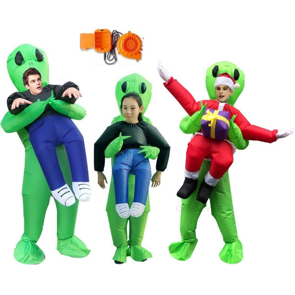 New Inflatable green alien carrying human costume Adult kids Funny Blow Up Suit Party Fancy Dress unisex Halloween Costume girls