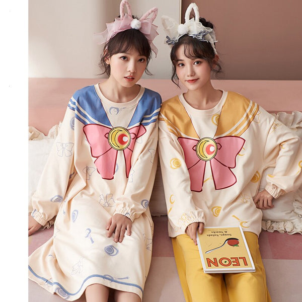 Pajamas Set For Women Autumn Long Sleeve Cotton Princess Sleepwear Best Friend Matching Room Wear Anime Pijama Sailor Girl Suit