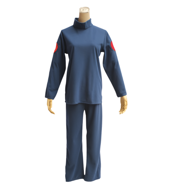 A cosplay suit inspired by Minato Namikaze from the anime Naruto, consisting of a blue top with red accents and a high collar, and matching blue pants.