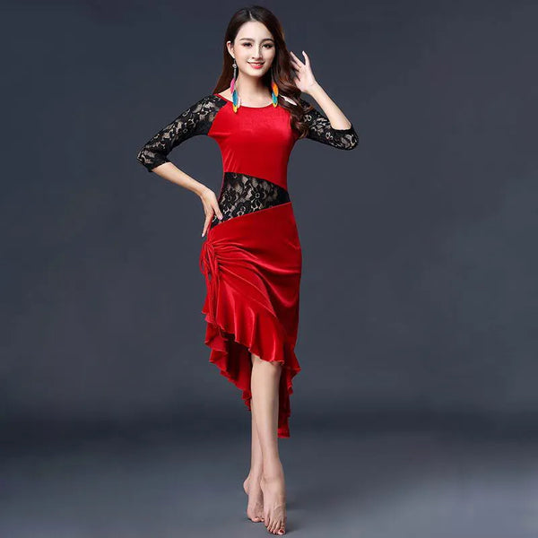 New Women Dance Wear Ballroom Dress Samba Costume Sexy Party Dresses Floral Lace One-piece Latin Dress Velvet