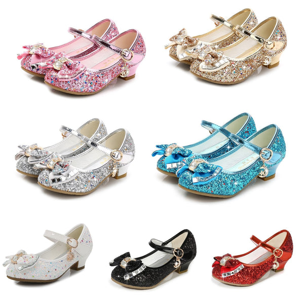 Kids Girls Leather Shoes Children Girls Baby Princess Bowknot Princess Shoes Sequines High Heel Dancing Pricness Girls Shoes