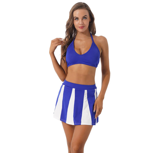 Women Cheerleading Uniform Girls Halter Lace-Up Sleeveless Crop Top with Color Block Miniskirt Two-piece Outfits