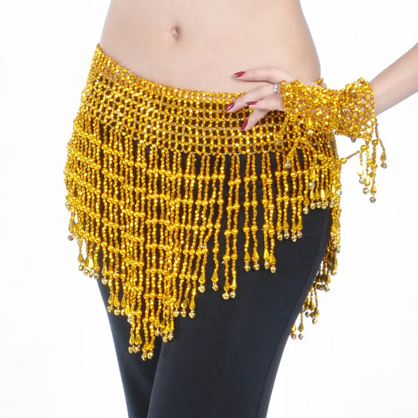 Women Bellydance Clothes Tassel Hip Scarf Belly Dance Elastic Wrapped Belt with Gold/silver Beaded Fringes
