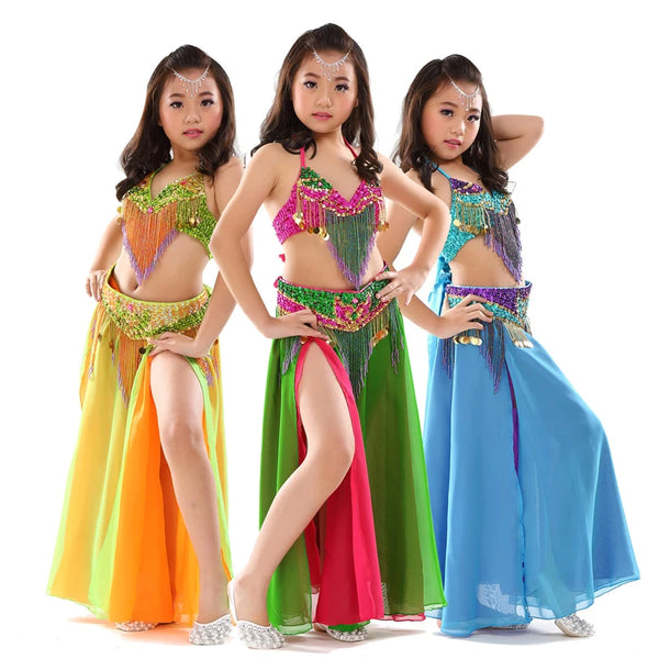 Kids Stage Performance Belly Dancing Clothes 3-piece Set Oriental Outfit Bra, Belt, Skirt Girls Beaded Belly Dance Costume