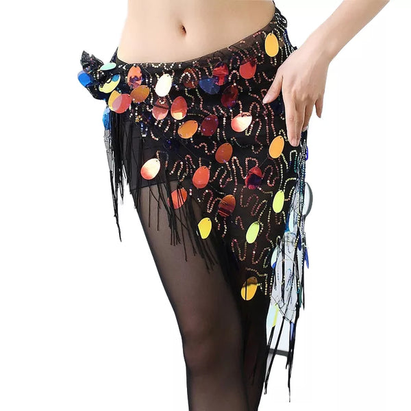 2019 New Belly Dance Clothes Accessories Mesh Long Tassel Triangle Belt Hand Crochet Bellydance Hip Scarf with Round Sequins