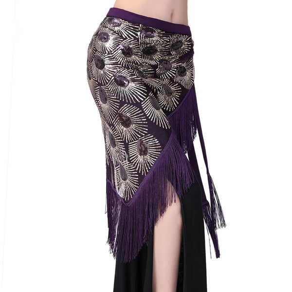 Class Wear Belly Dance Clothes Black Mesh Base Long Fringes Triangle Sequins Belt Bellydannce Hip Scarf for Gilrs