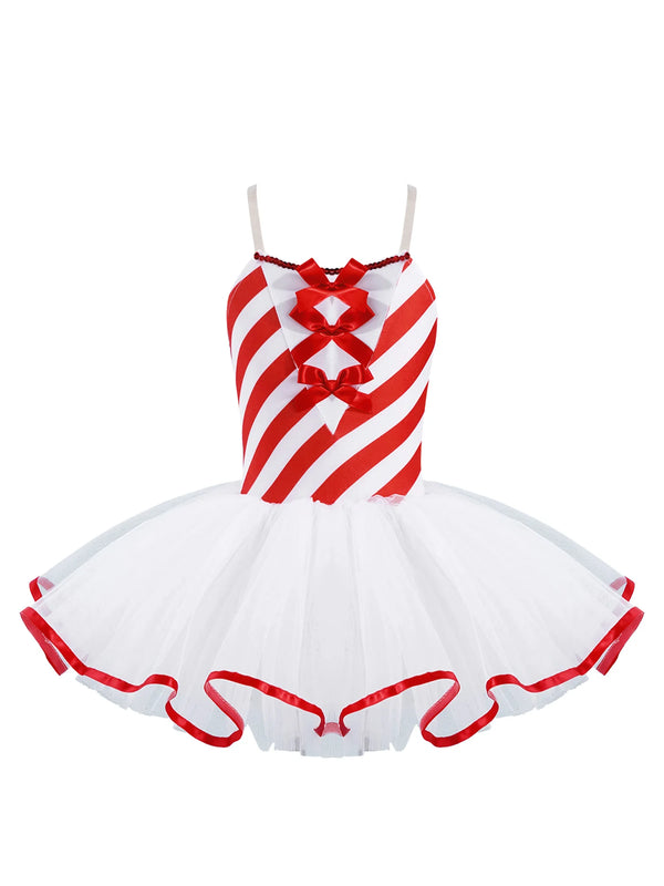 Kids Girls Christmas Tutu Dance Dress Clothes Sleeveless Adjustable Straps Bowknot Adorned Stripes Print Ballet Dress