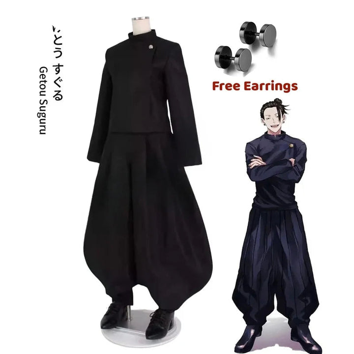 Black cosplay costume with free earrings on a white background