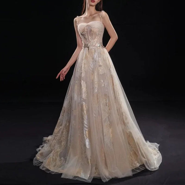 Temperament Printed Simple Elegant Sling Evening Dresses Mesh Bow Design Princess Prom Dress Slim Fit Beading Wedding Party Robe