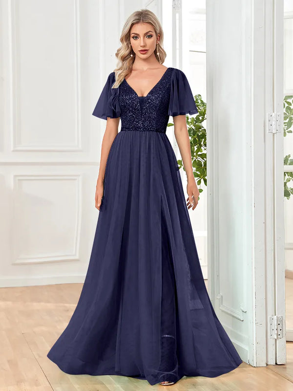 Elegant Sequins Evening Dress Elegant V-Neck A-line Ruffles Chiffon Robe Short Sleeves Formal Wedding Party Dresses