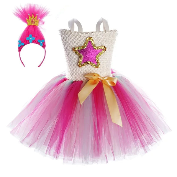 Trollsls Tutu Dress for Girls Princess Poppypy Birthday Costumes for Kids Magic Elveses Halloween Dresses Girl Fairy Flower Outfits