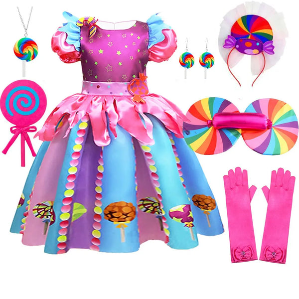 2024 Purim Festival Lolipop Costume Girls Carnival Sweet Candy Cane Clothing Cosplay Toddler Color Princess Paarty Apparel Robe