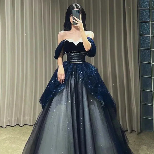Slash Collar Slim Waist Strapless Ball Gown Wedding Party Dress Elegant Temperament Prom Robe Aesthetic Bling Evening Dresses