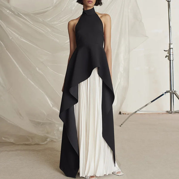 French Hanging Neck Evening Dress Pleated Elegant Luxury Black and White Contrast Color Prom Robe Long Wedding Party Dresses