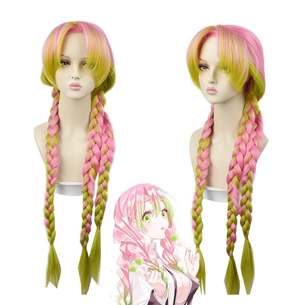 Mitsuri Kanroji Cosplay Wig Demon Slayer Anime Hair Colorful Double Ponytail Braid Halloween Japanese Cartoon Cosplay Gifts