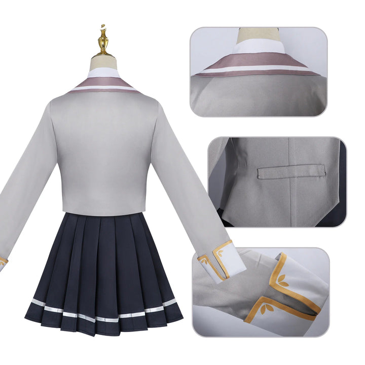 Cosplay costume with white top and navy pleated skirt on a mannequin, with close-up details.