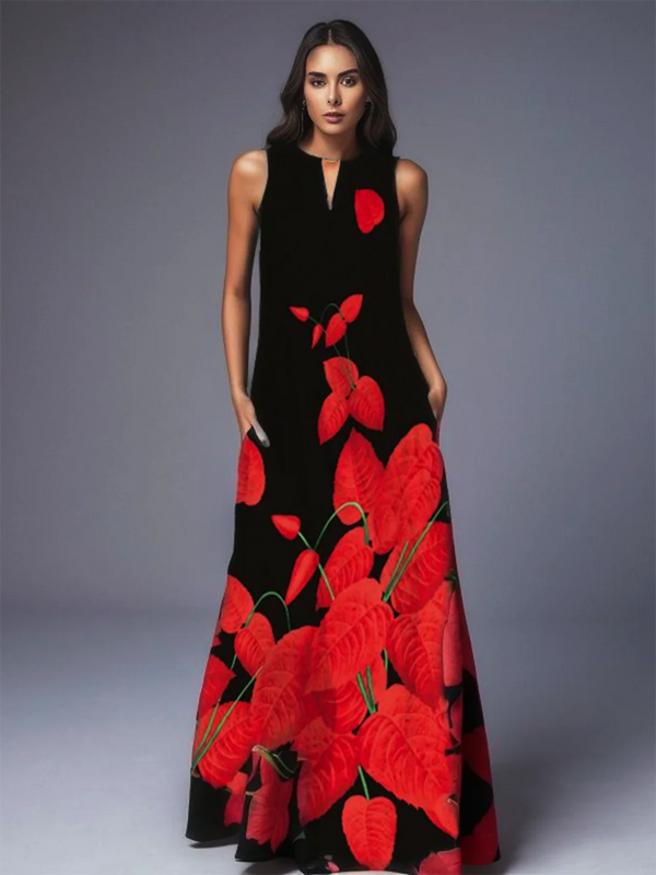 Lady Spring Summer Black Long Dress Sleeveless Red Petals Print Elegant Dresses For Women 2023 Party Beach Women Dress