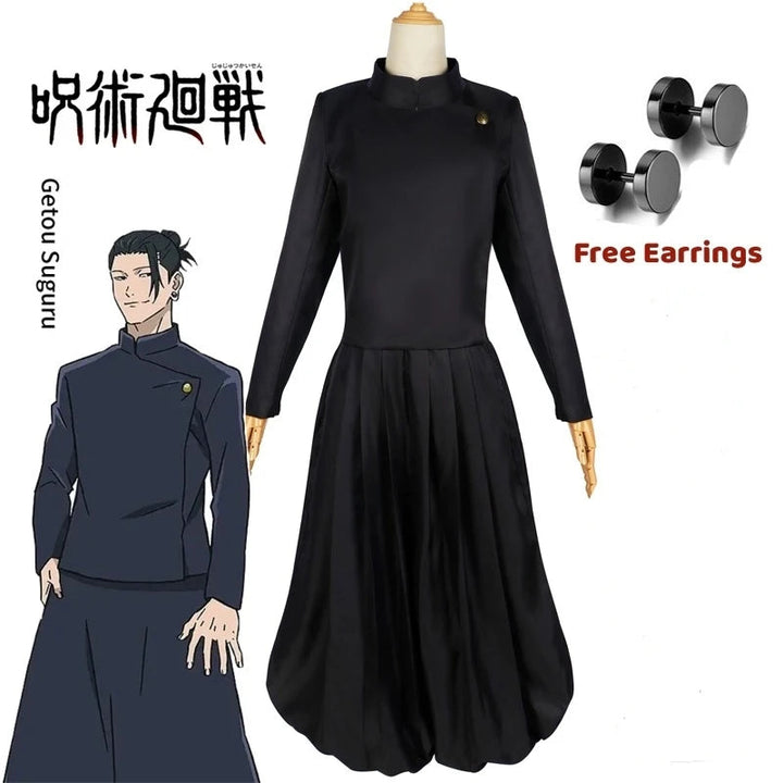 Black cosplay costume on a mannequin with free earrings, inspired by a character from 'Jujutsu Kaisen'.