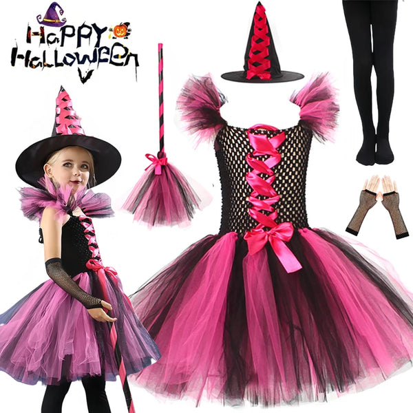 Halloween Child Pink Witch Girl Costume Tutu Dress Carnival Dress Up Party with Hat Vampire Cosplay 2-12Y Tutu Dress