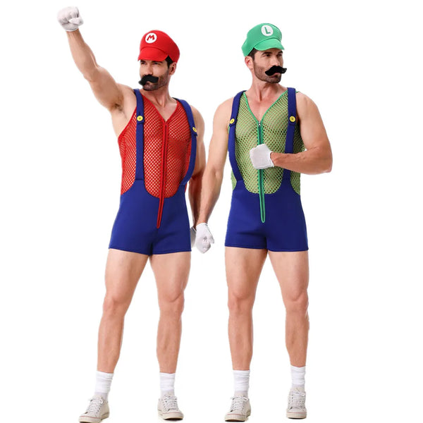 Two people wearing Mario and Luigi costumes on a white background