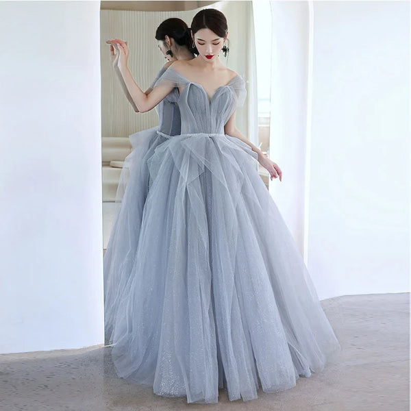Strapless Mesh Tiered Design Fairy Wedding Party Dress Slim Waist Slash Collar Back Lace Up Prom Robe 2024 Summer Evening Dress
