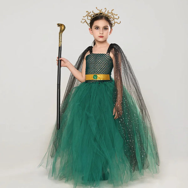 New Halloween Girls Cosplay Costume Carnival Party Ancient Greek Snake-haired Banshee Cos Costume Dark Green Mesh Dress