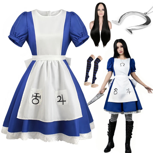 Halloween Alice Madness Returns Cosplay Costume And Maid Apron Dress and Socks Women Anime Girl Women Carnival Party Dress Up