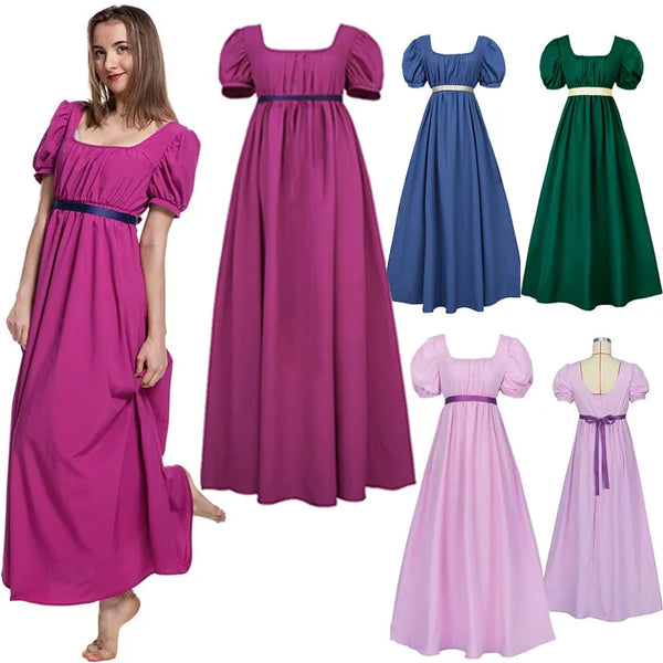 Regency Dresses for Women with Satin Sash Ruffled Puff Sleeve Empire Waist Dress Gown Tea Party Dress for Women