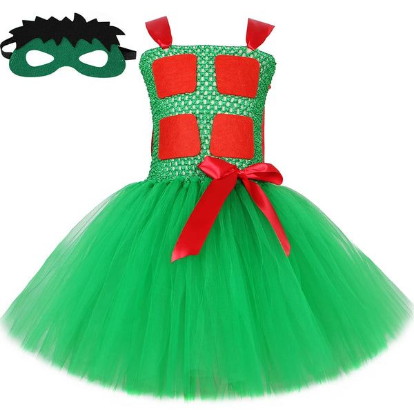 Superhero Hulklk Costume for Girls Halloween Carnival Party Outfit Green Cosplay Anime Tutu Dress with Mask Kids Fancy Clothes Set